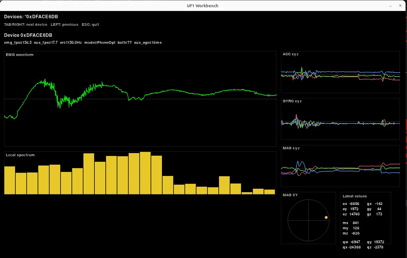 UF1 Workbench showing real-time EMG, IMU, and spectrum data